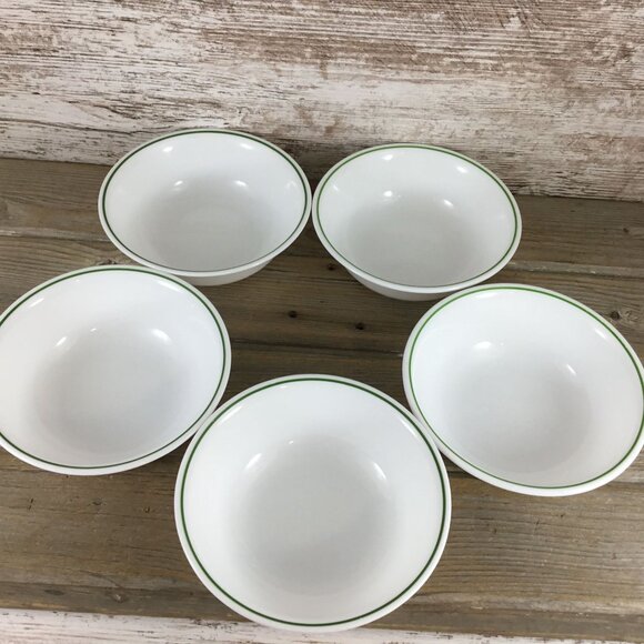 Corelle Set Of 5 White Soup/Cereal Bowls with Dark Green Band 6 1/4" - Picture 8 of 12